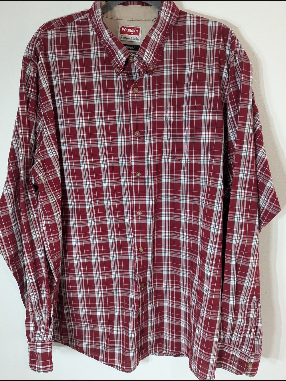 Wrangler Plaid Button Down Shirt 2XT Red White Wrinkle Resist Cotton Blend - Picture 2 of 6
